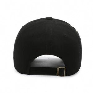 Back view of vintage washed black denim baseball cap with adjustable metal buckle strap