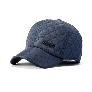 Men's winter quilted baseball cap with warm ear flaps and fleece lining in navy blue