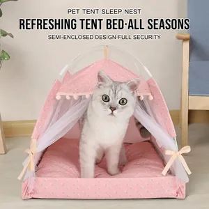 Pink floral semi-enclosed pet tent bed for cats and small dogs with lace curtains