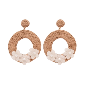 Handmade woven rattan circle earrings with delicate white fabric flowers and pearls