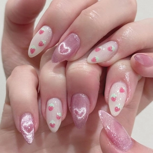 Pink Cat Eye Press On Nails With Heart And Strawberry Pattern Almond Shape Fake Nail Tips Sweet Style For Women Glossy