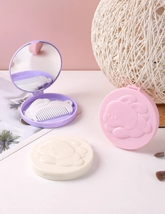Foldable cute rabbit design mirror and comb set in purple, pink and beige pastel colors