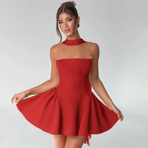 Close-up of a red strapless mini dress with matching neck accessory and back zipper detail