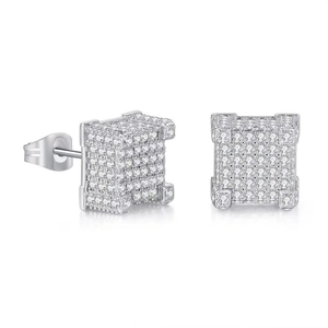 Square hip-hop stud earrings for men in silver finish with pavé-set sparkling zircons