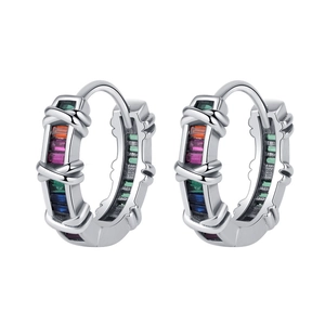 Elegant S925 sterling silver stud earrings with colorful rectangular rainbow crystals