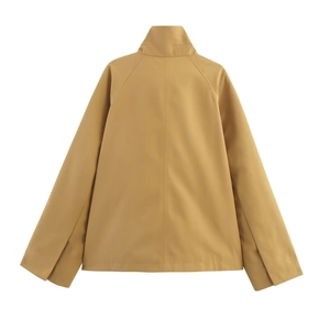 Back view of a minimalist khaki stand collar short trench jacket in a loose silhouette