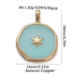 Macro shot of gold star enamel pendant with detailed product size and copper material specs