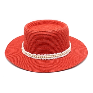 Women Straw Boater Hat With Artificial Pearl Lace Ribbon Sun Protection Summer Beach Flat Top Elegant Sun Hat