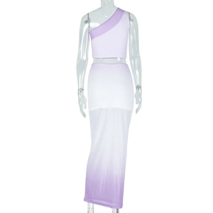 Rear view of purple gradient two-piece set featuring a one-shoulder top and maxi skirt