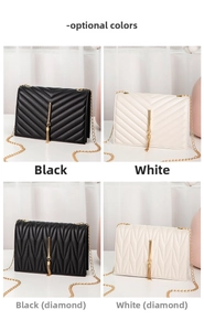 Detail view of small square crossbody bags with tassel charms and gold chain straps