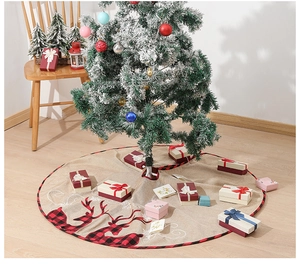 Linen Christmas tree skirt with buffalo plaid elk patterns in festive home setting