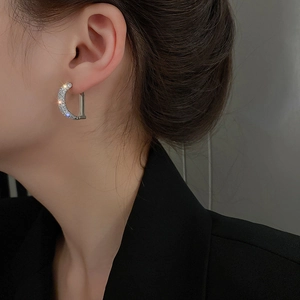 Close-up of D-shaped silver earring with micro-pave zircons worn by a model in black suit
