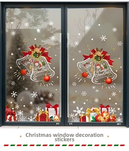 Christmas window decals with bells, reindeer, and snowflakes on a glass door for festive decor