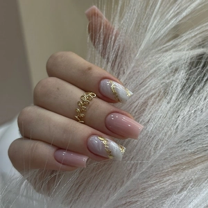 Pink White Marble Press On Nails Coffin Shape Gold Foil Glitter Elegant Detachable Artificial Nails For Women Daily Party