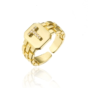 Macro view of adjustable 18K gold plated ring featuring a sparkling AAA zircon letter T