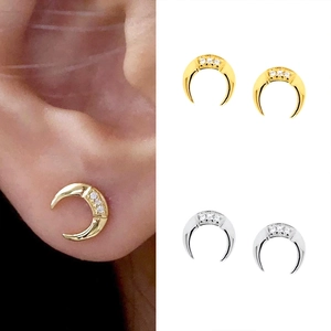 Minimalist S925 crescent moon stud earrings with zircon inlay in gold and silver