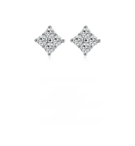 Macro detail of silver S925 clover stud earrings featuring five round cut moissanite stones