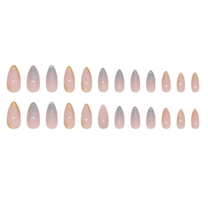 Set di 24 unghie finte a mandorla con sfumature blu e rosa marmo e dettagli in foglia d'oro