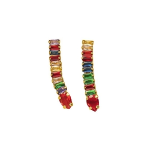Detail of gold plated earrings featuring multi-color rectangular and pear cut crystals