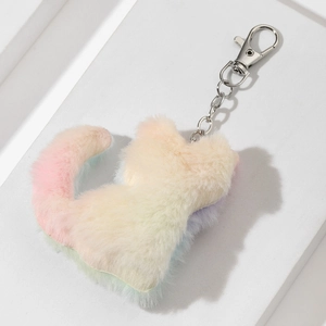 Plush gradient cat keychain with pink and purple faux fur and silver metal hook clasp