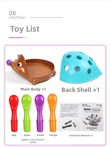 Detail view of colorful quills and base components for fine motor hedgehog toy set