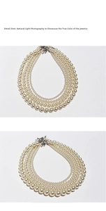 Detailed shot of a five-layer cream pearl necklace with gradient sizes and silver clasp