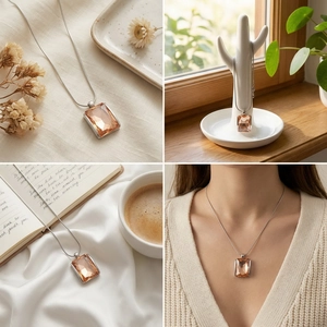 Detail shots of champagne glass rectangle pendant necklace with 18K gold plated steel chain
