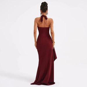 Detail view of backless halter maxi dress in deep red with elegant split slim fit design