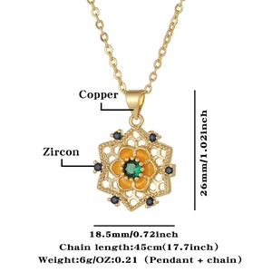 Detailed view of hexagonal copper pendant with orange enamel flower and zircon inlay