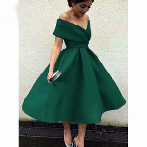 Elegant dark green off-shoulder cocktail dress with satin finish and pleated skirt