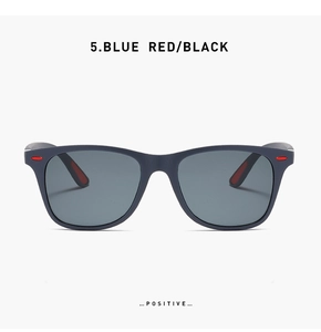 Front view of sports polarized sunglasses in blue and red frame with dark grey lenses