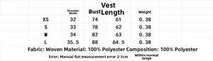Size chart for tweed vest showing shoulder, bust, and length in XS to L sizes