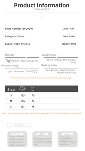 Size chart showing S, M, L dimensions for pink knitted bodycon fish-tail maxi dress