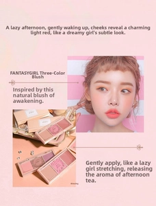 Detailed macro of a triple-color gradient powder blush in a clear minimalist square case