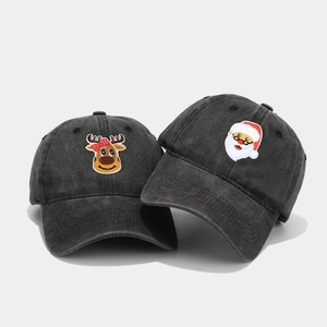 Vintage washed black baseball caps with embroidered Christmas reindeer and Santa Claus