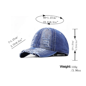 Distressed blue washed denim baseball cap with ripped details and sun protection design