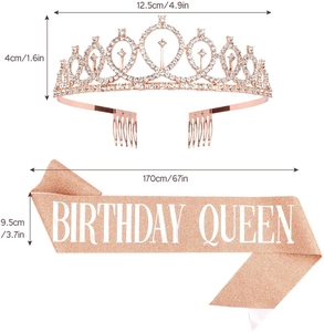 Detailed size chart for rose gold birthday crown and birthday queen sash set