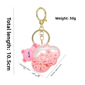 Macro view of pink bear keychain with heart-shaped bottle and detailed size markings