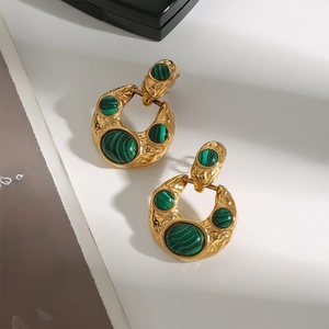 Gold malachite half-moon earrings with hammered texture and green stone inlay