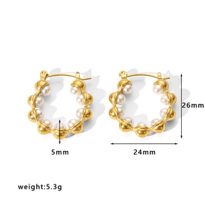 Detail view of 26mm gold hollow earrings with pearls and size measurements shown