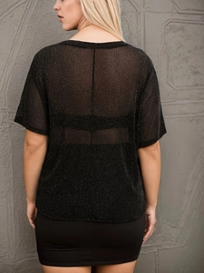 Elegant black sheer mesh t-shirt with gold sequins, back view of short sleeve women top