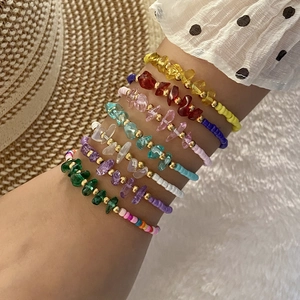 Bohemian Natural Stone Beaded Bracelet For Women Handmade Irregular Crystal Chip Stainless Steel Adjustable Jewelry