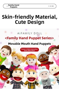 Detailed view of nine diverse family hand puppets featuring movable mouths and soft fabric