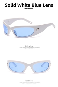 Detail of white wrap-around sunglasses with blue lenses and metal moon logo on the temple