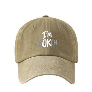 Distressed khaki cotton baseball cap with I'M BROKEN creative graphic print and sun protection