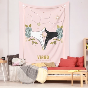 Pink Virgo constellation tapestry wall hanging for bedroom with floral and moon art