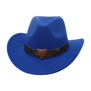 Close-up of royal blue wool fedora featuring leopard print band and metal leopard buckle