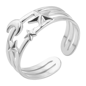 Detail of silver multi-layered open ring featuring celestial star and moon motifs