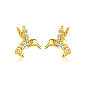 Elegant 925 sterling silver hummingbird stud earrings in gold with zircon stones