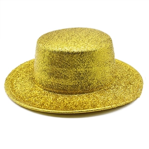 Sparkling gold glitter flat top boater hat for parties and festive stage performances